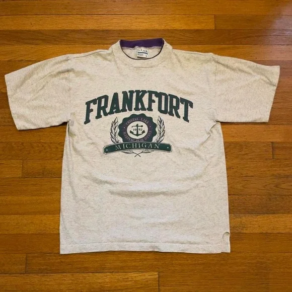 VTG 90s Gear for Sports Frankfort Michigan crest rainbow flecked tshirt L USA - Picture 1 of 8
